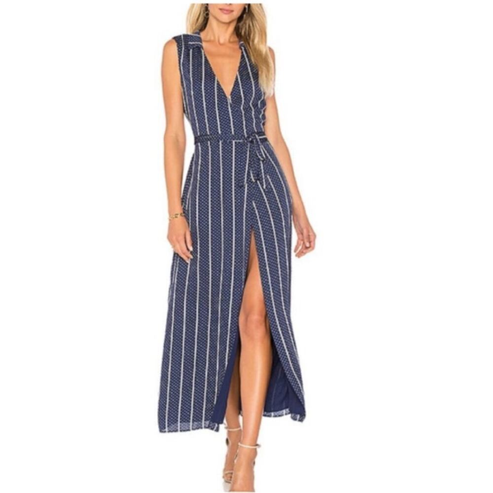 L'Academie Navy and White Striped Midi Sleeveless Wrap Dress Small